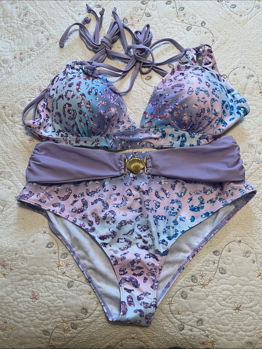 Lilac Ombre Animal Print Two-Piece Bikini with Gold Shell Accent